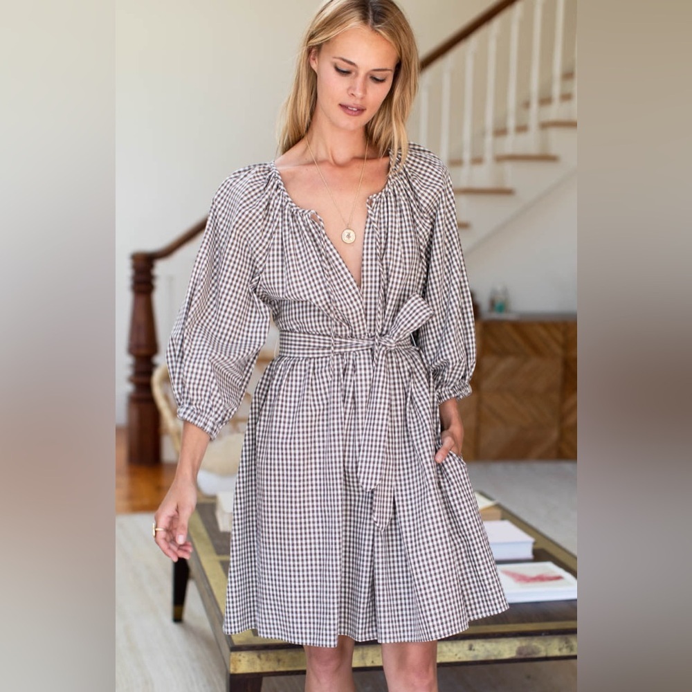 Emerson Fry Rakel Keyhole Short Cotton Dress Coffee Brown Gingham Size Large